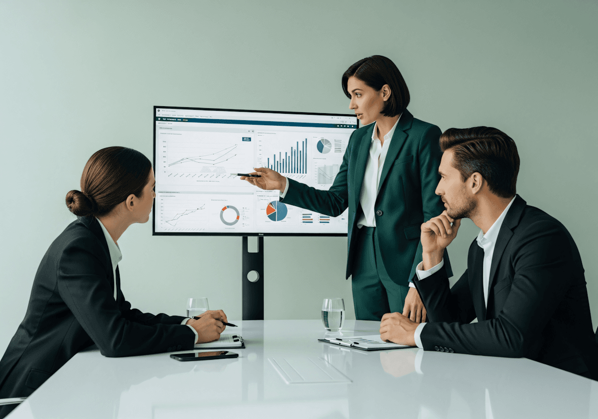 A professional business meeting with a presentation of data charts, featuring three formally dressed individuals in a modern office setting.