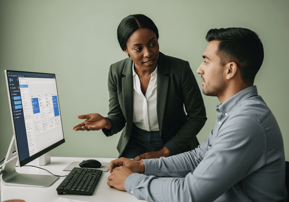 Two professionals collaborate at a desk, discussing a project displayed on a computer screen in a modern office setting.
